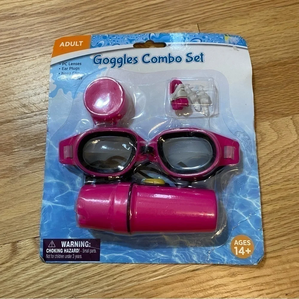 Pink Swim Goggles Set NEW Ear Plugs Nose Clip Adult